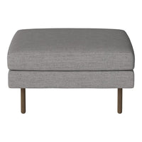Gray upholstered ottoman with a smooth texture and simple design, featuring wooden legs for a modern touch.