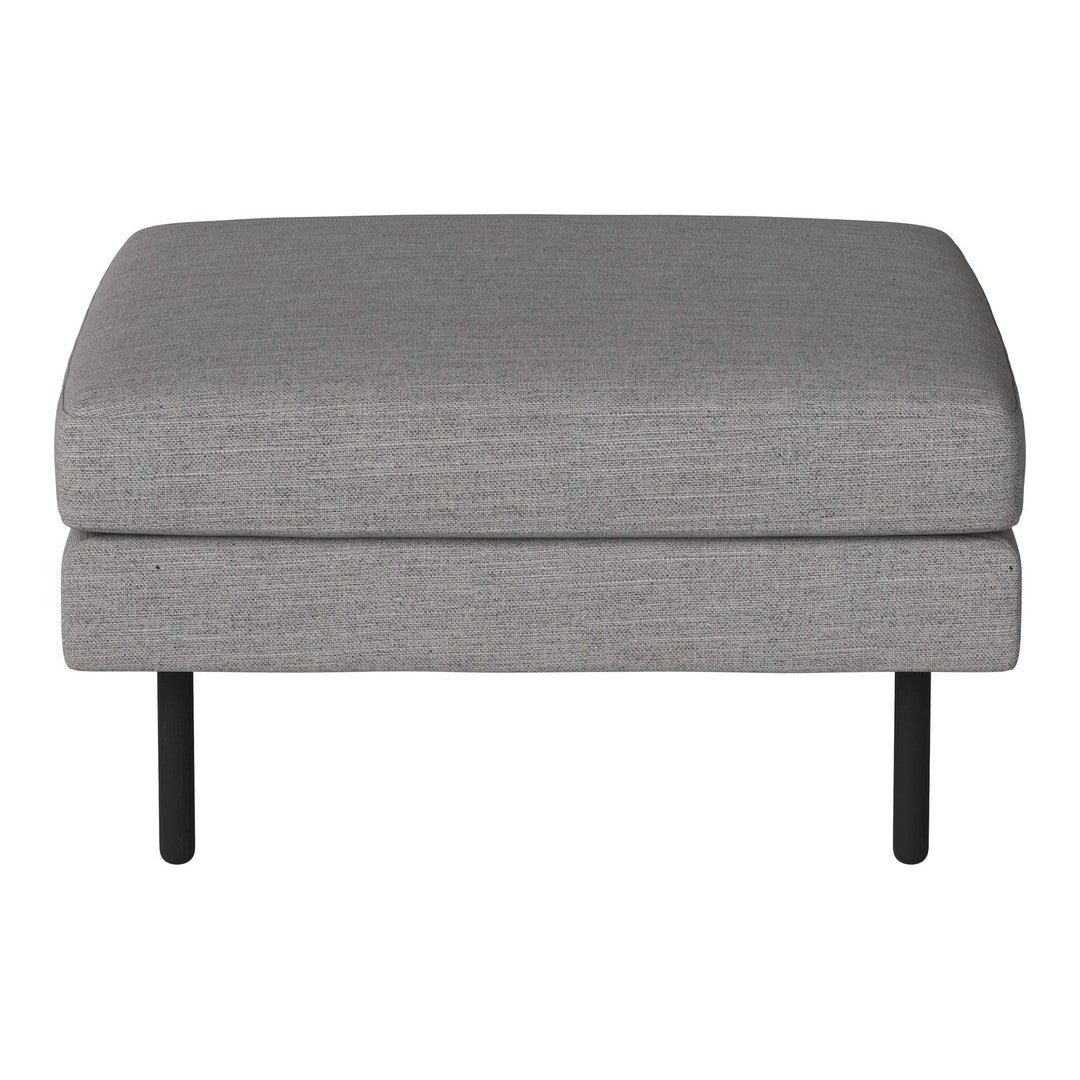 Gray upholstered ottoman with a textured fabric and sleek black metal legs. Simple and modern design.