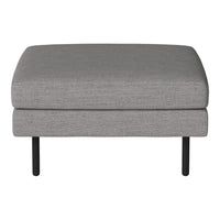 Gray upholstered ottoman with a textured fabric and sleek black metal legs. Simple and modern design.