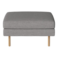 Gray upholstered ottoman with a smooth texture and simple design, featuring natural wood legs.