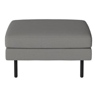 Gray upholstered ottoman with a smooth texture and sleek black metal legs. Perfect for modern home decor.