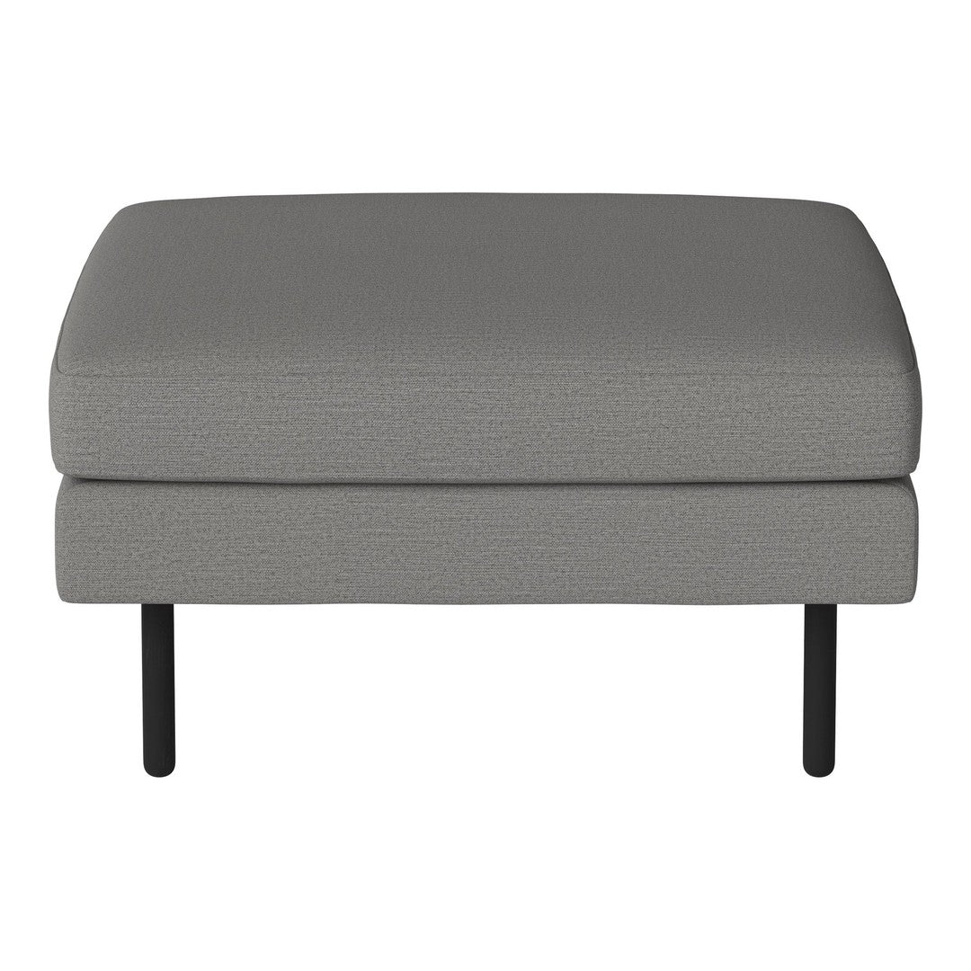 Gray upholstered ottoman with a smooth texture and sleek black metal legs, ideal for modern decor.