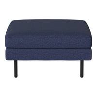 Navy blue upholstered ottoman with textured pattern and sleek black legs. Ideal for modern decor.