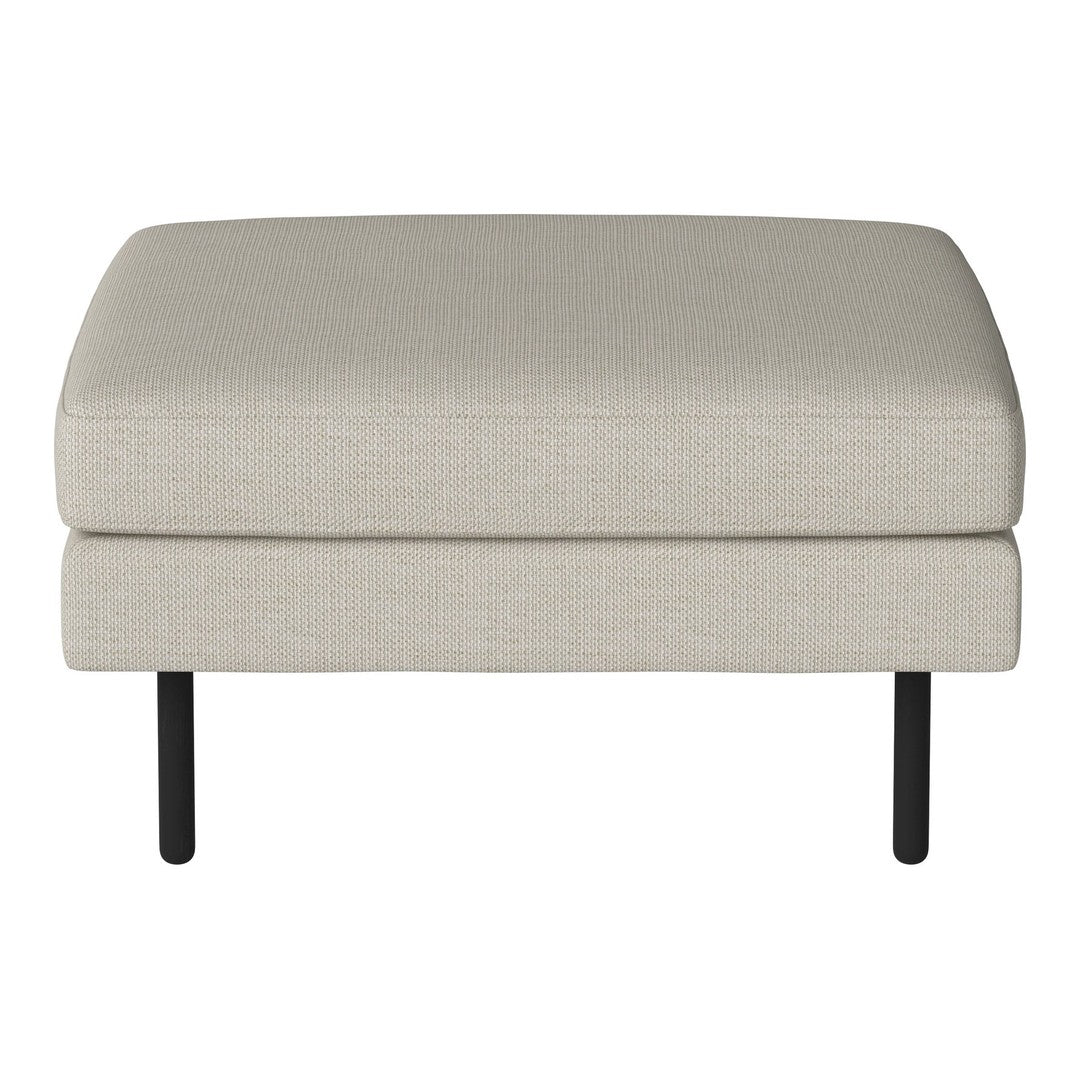 Light beige ottoman with a textured fabric, featuring sleek black legs for modern style.