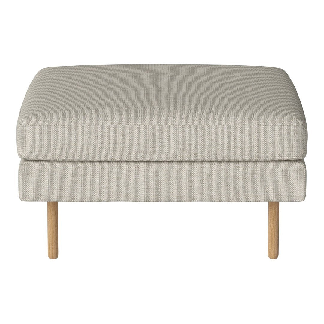 Light gray upholstered ottoman with a minimalistic design and natural wood legs. Perfect for modern decor.