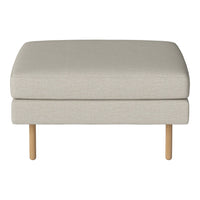 Light gray upholstered ottoman with a minimalistic design and natural wood legs. Perfect for modern decor.