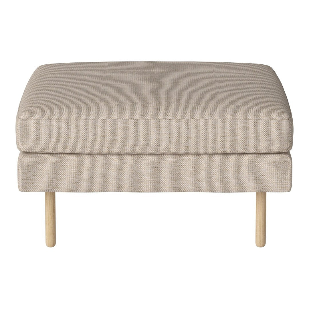 Beige ottoman with a smooth fabric texture and light wooden legs, ideal for modern decor.