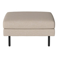 Beige upholstered ottoman with smooth texture and black metal legs. Simple and modern design.