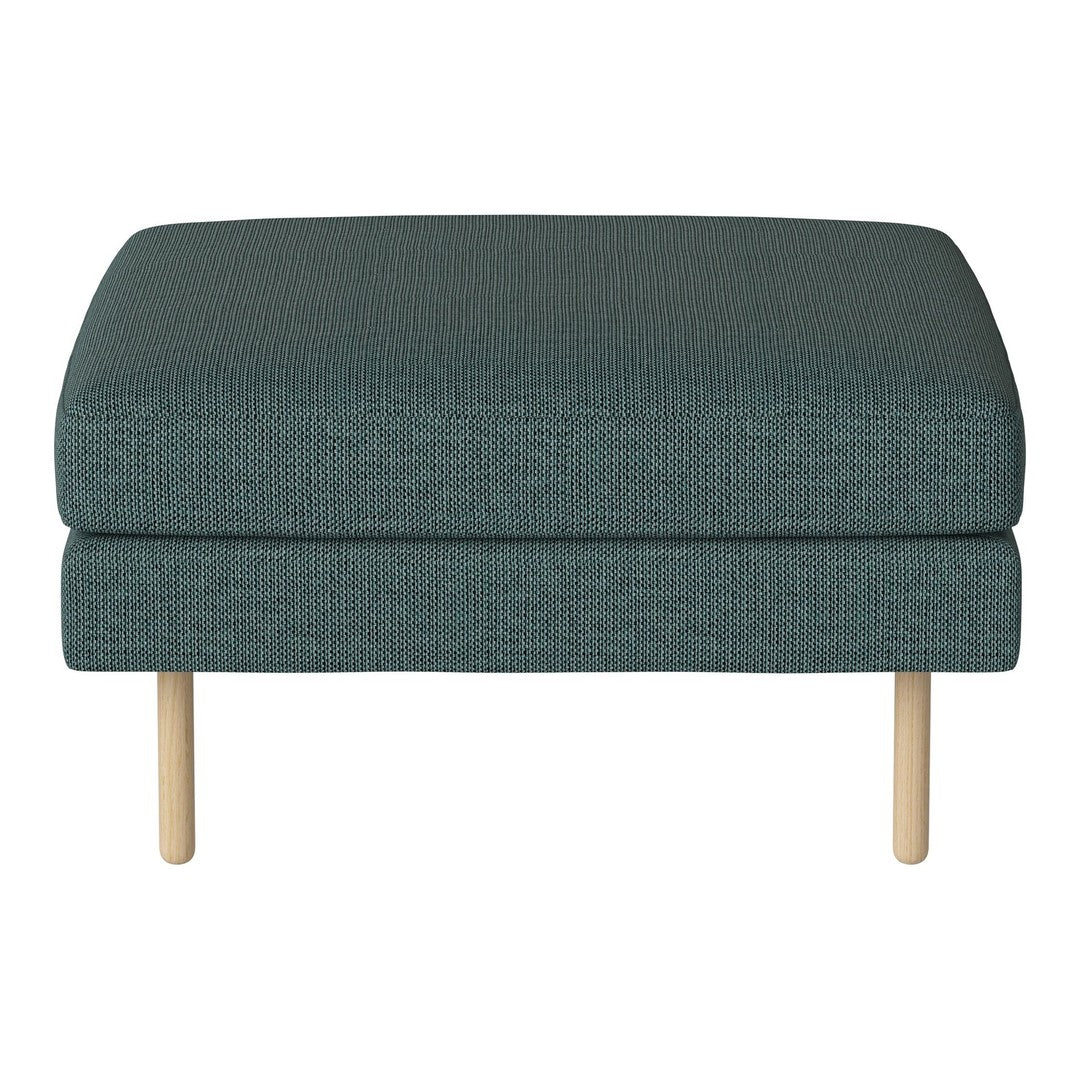 Teal upholstered ottoman with a textured pattern and light wooden legs. Perfect for modern home decor.