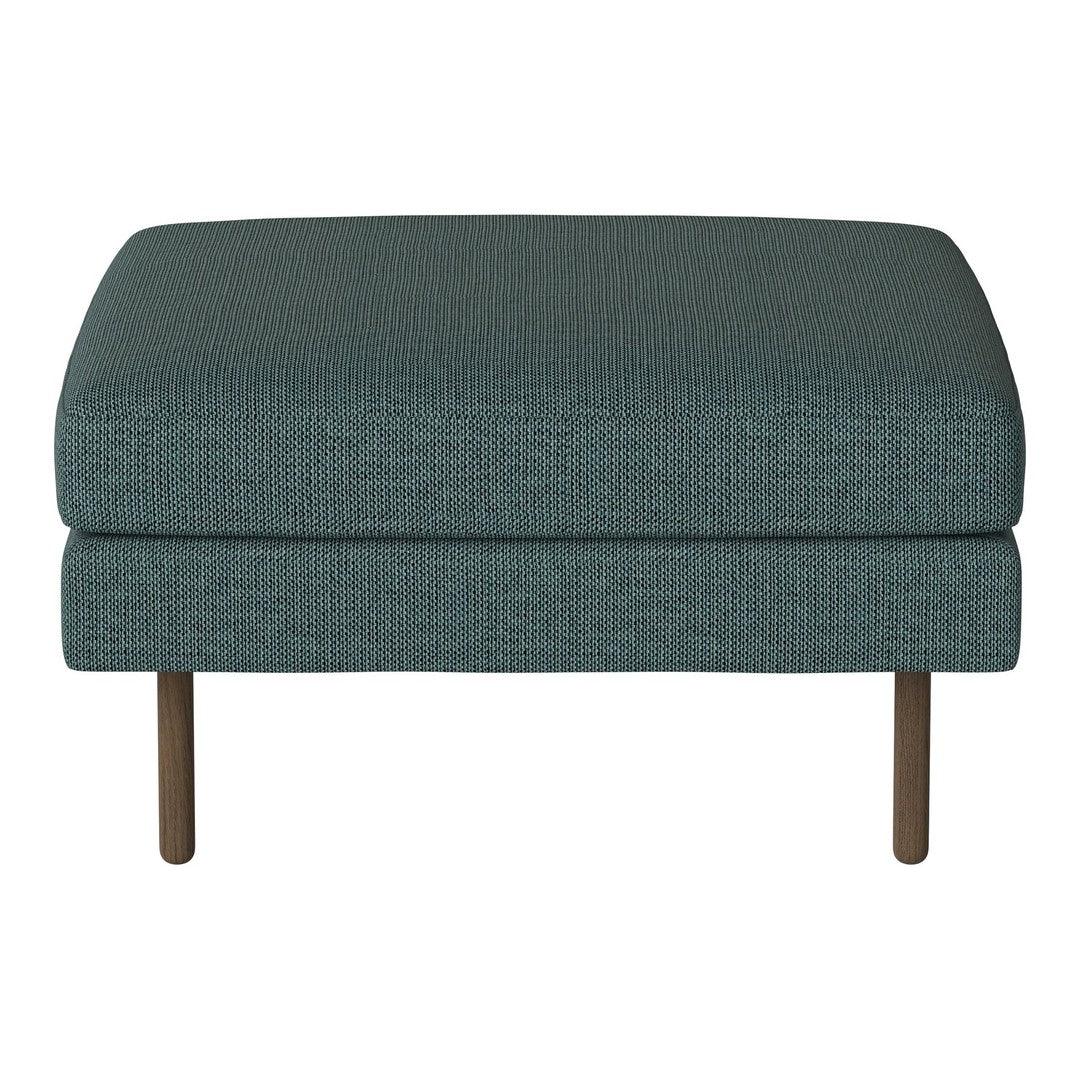 Teal upholstered ottoman with a textured pattern and wooden legs. Perfect for modern interiors.