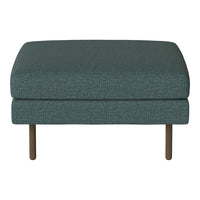 Teal upholstered ottoman with a textured pattern and wooden legs. Perfect for modern interiors.