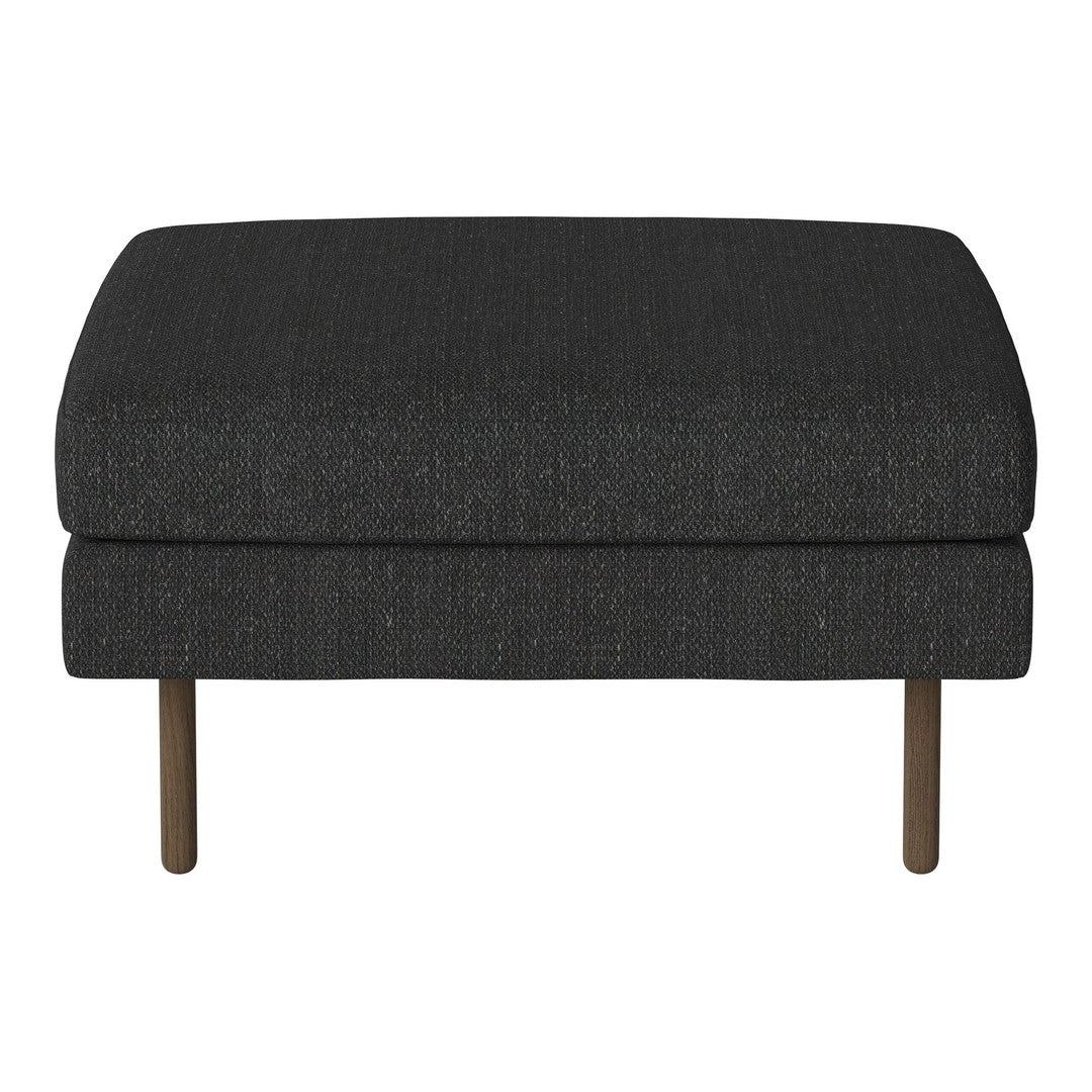 Stylish dark gray upholstered ottoman with a smooth texture and wooden legs, perfect for modern decor.