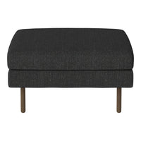 Stylish dark gray upholstered ottoman with a smooth texture and wooden legs, perfect for modern decor.