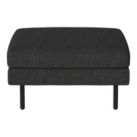 Black upholstered ottoman with a textured fabric finish and sleek black metal legs. Perfect for modern decor.