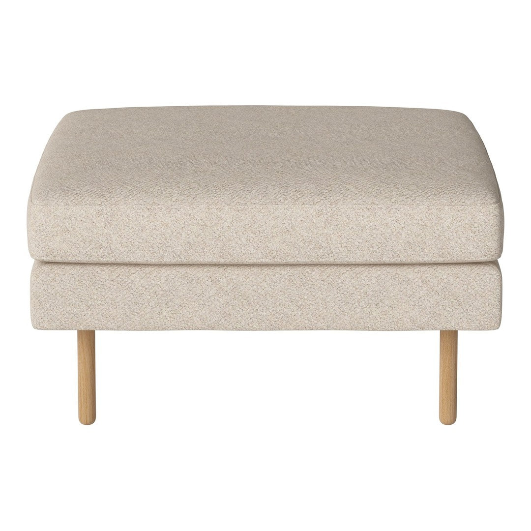 Beige upholstered ottoman with a smooth texture and natural wood legs. Simple, modern design for versatile decor.