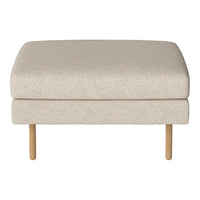 Beige upholstered ottoman with a smooth texture and natural wood legs. Simple, modern design for versatile decor.