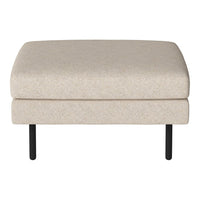 Beige upholstered ottoman with a smooth texture and minimalist black metal legs, perfect for any decor.
