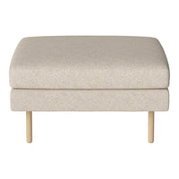 Light beige ottoman with a subtle textured pattern and natural wood legs, perfect for any living space decor.