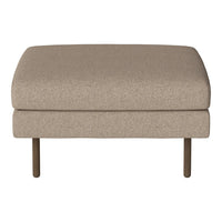 Beige upholstered ottoman with a smooth texture and simple design, featuring sleek metal legs.