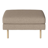 Beige upholstered ottoman with a smooth texture and light wooden legs, perfect for versatile decor.