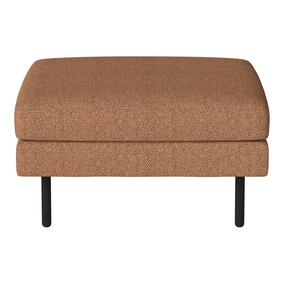Brown upholstered ottoman with a textured pattern and black metal legs. Ideal for modern living spaces.