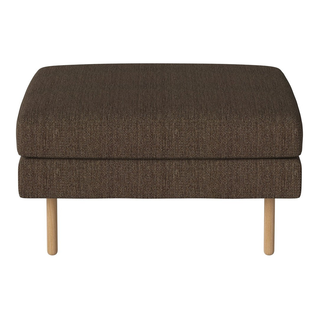 Brown textured ottoman with a smooth surface and natural wood legs, ideal for modern home decor.