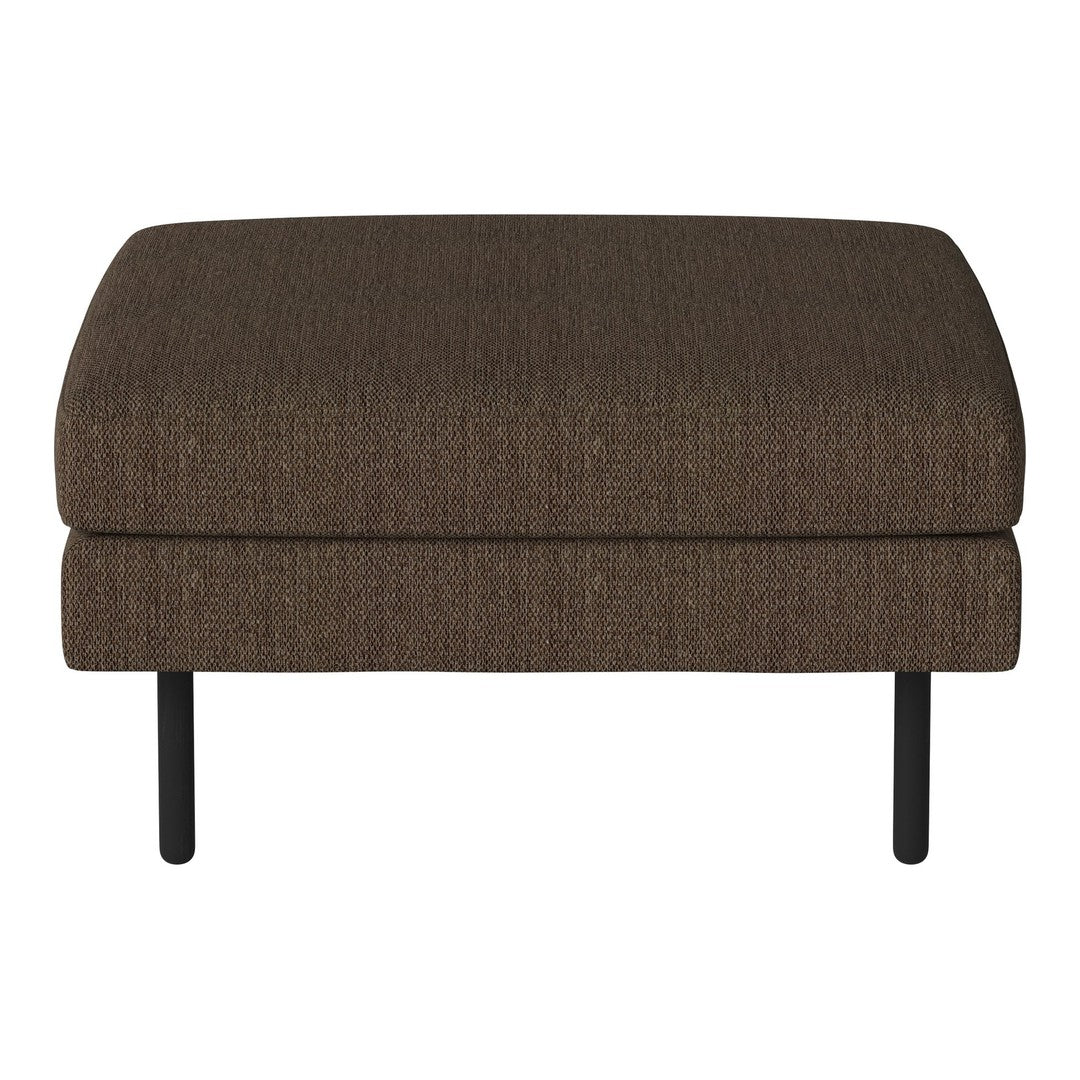 Brown textured ottoman with dark metal legs, perfect for adding warmth to any living space.