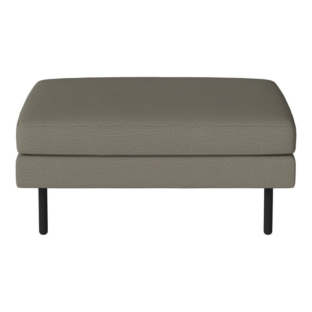 Neutral gray upholstered ottoman with a smooth texture and sleek black legs, ideal for modern decor.
