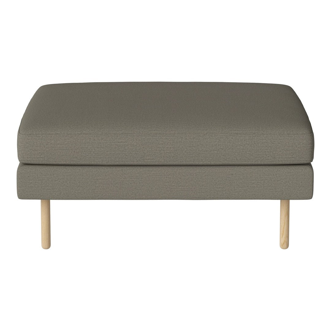 Gray upholstered ottoman with a smooth texture and natural wood legs, perfect for stylish home decor.