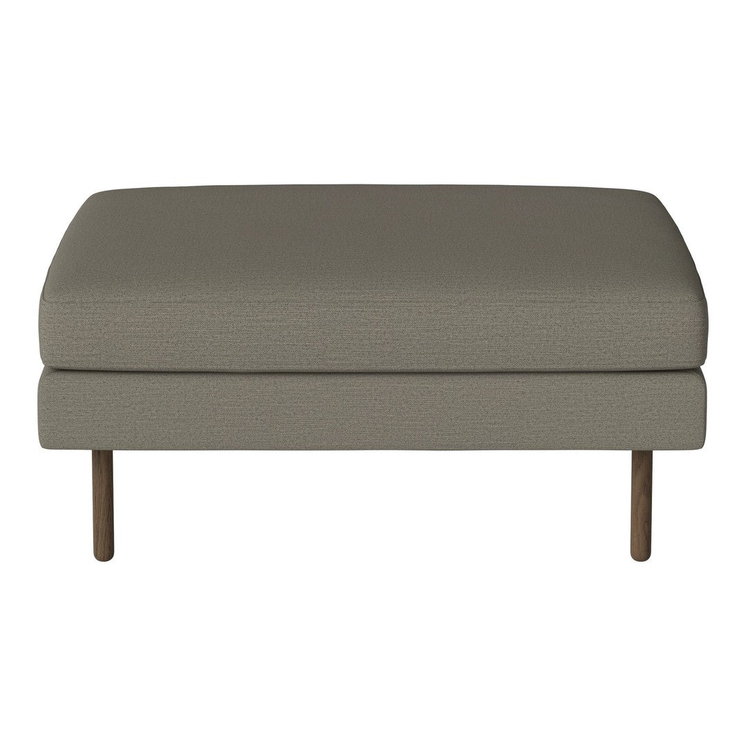 "Neutral gray upholstery ottoman with a smooth texture and minimalist design, complemented by slender wooden legs."