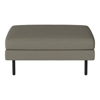 Grey upholstered ottoman with a smooth texture and sleek black legs. Perfect for modern decor.