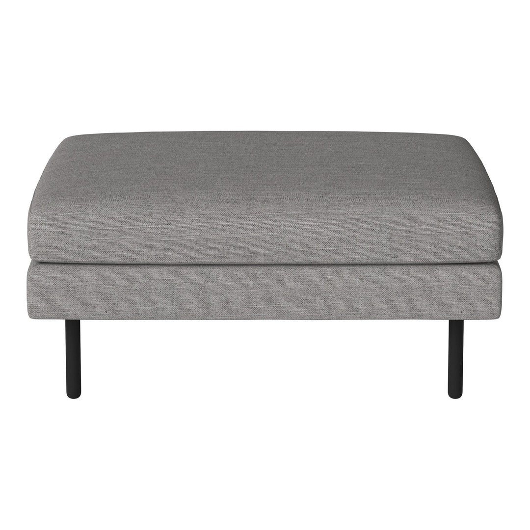 Gray upholstered ottoman with a smooth texture and sleek black metal legs, perfect for modern decor.
