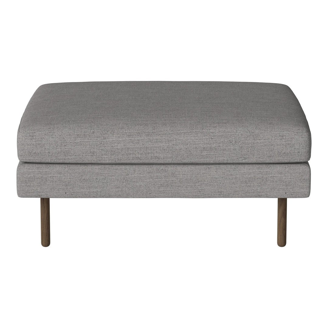 Gray upholstered ottoman with a smooth fabric texture and sleek metal legs. Ideal for modern decor.
