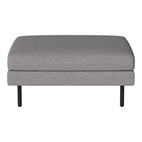 Gray upholstered ottoman with a smooth, solid texture and sleek black legs for modern decor.