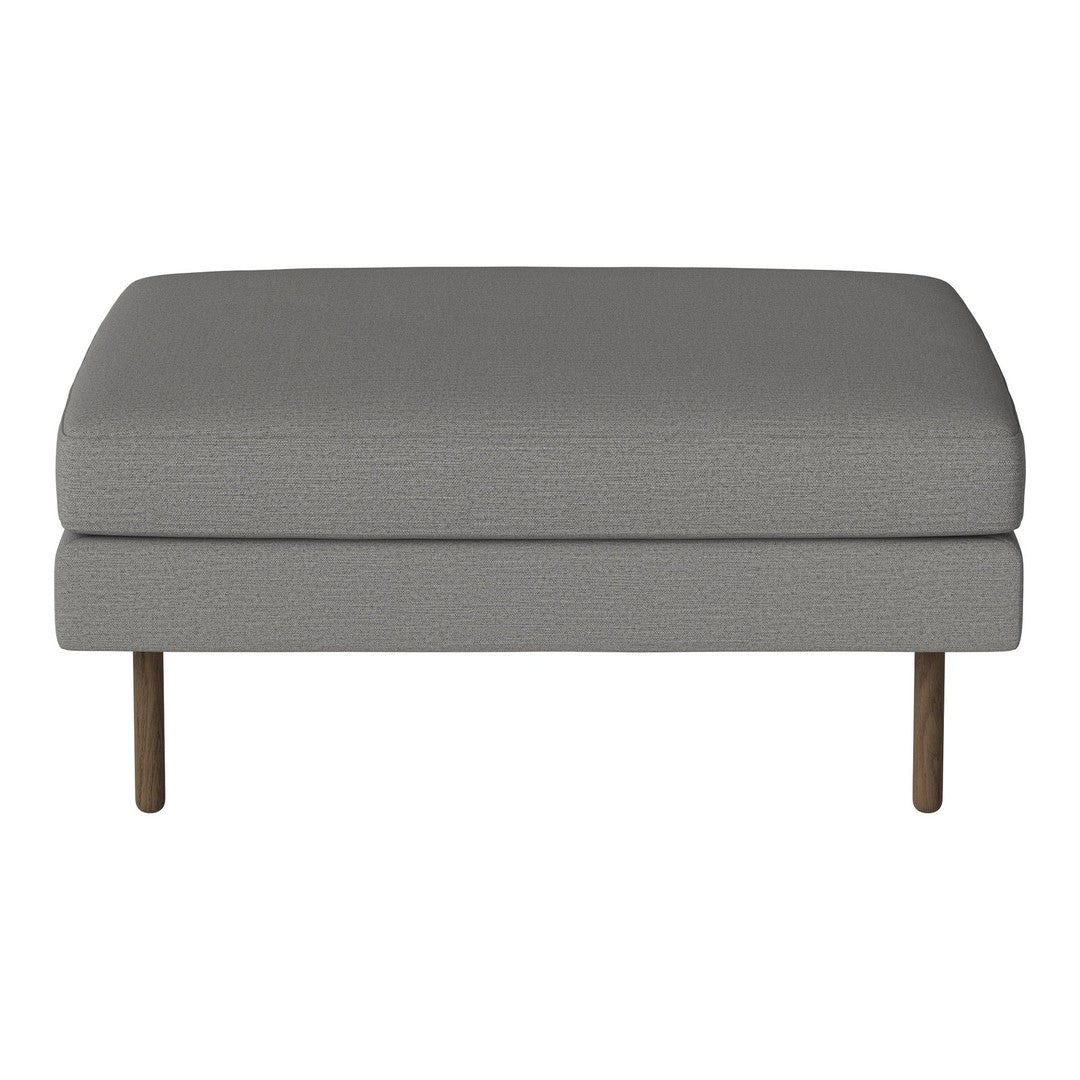 Light gray upholstered ottoman with a smooth texture, featuring simple lines and metallic legs.