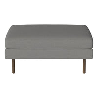 Gray upholstered ottoman with a smooth texture and sleek metal legs. Perfect for modern and minimalist decor.