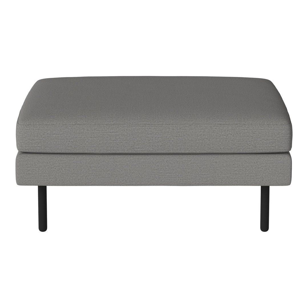 Gray upholstered ottoman with subtle texture and sleek black legs, perfect for modern decor.