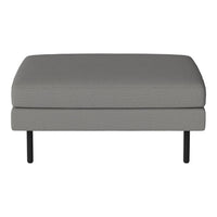 Gray upholstered ottoman with subtle texture and sleek black legs, perfect for modern decor.