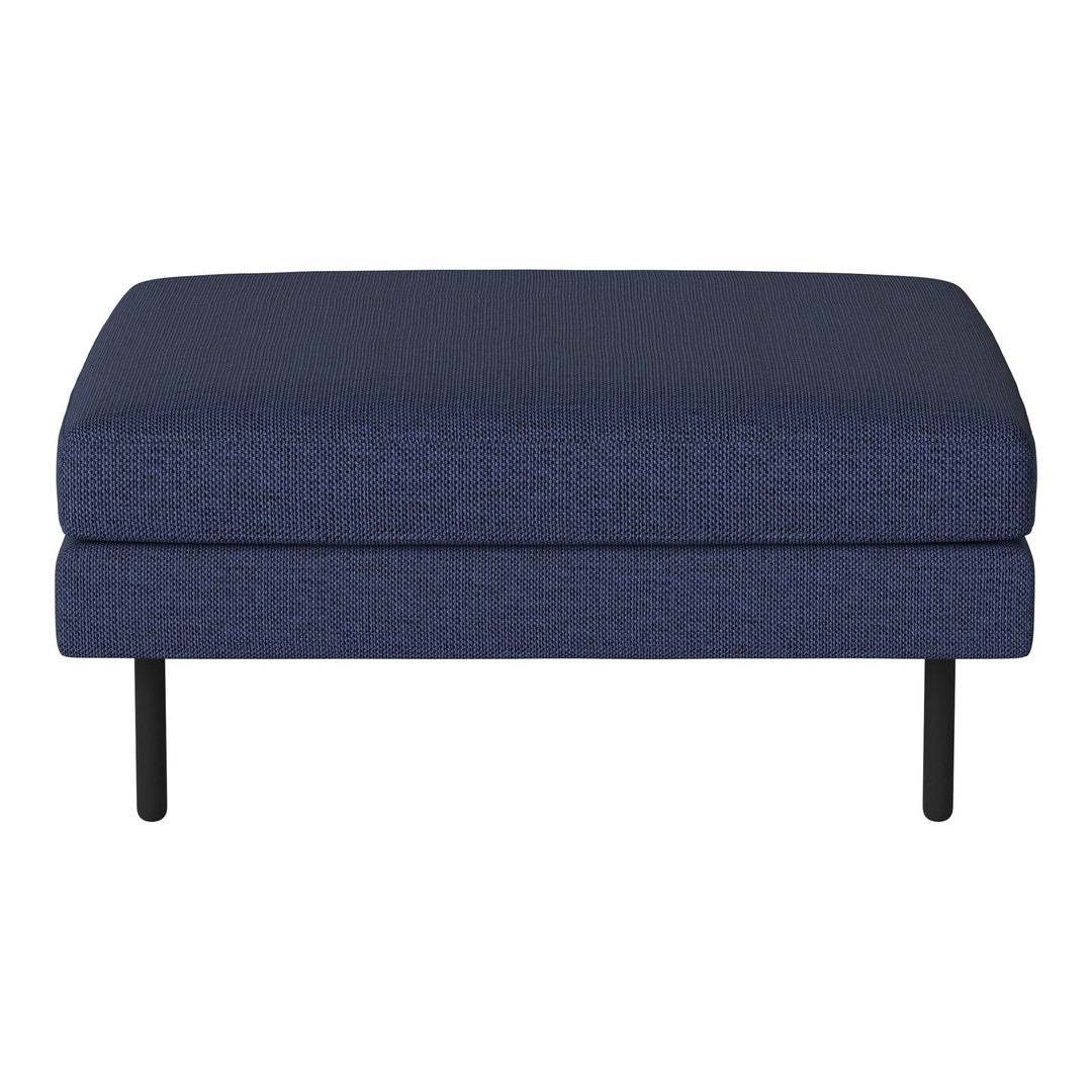 Navy blue upholstered ottoman with a textured fabric and sleek black metal legs. Ideal for modern décor.