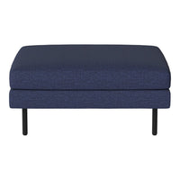 Navy blue upholstered ottoman with a textured fabric and sleek black metal legs. Ideal for modern décor.