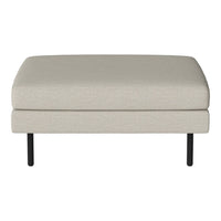 Light beige ottoman with a smooth texture and black metal legs, perfect for modern decor.