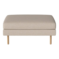 Beige upholstered ottoman with a smooth texture and light wooden legs, perfect for modern decor.