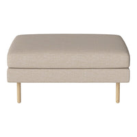 Beige upholstered ottoman with a smooth texture and light wood legs, offering a minimalist and modern design.