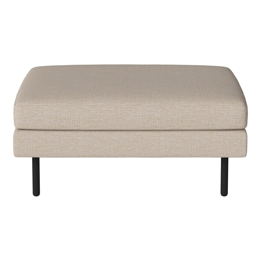 Beige upholstered ottoman with a smooth fabric surface and sleek black metal legs. Minimalistic and modern design.