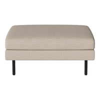 Beige upholstered ottoman with a smooth fabric surface and sleek black metal legs. Minimalistic and modern design.
