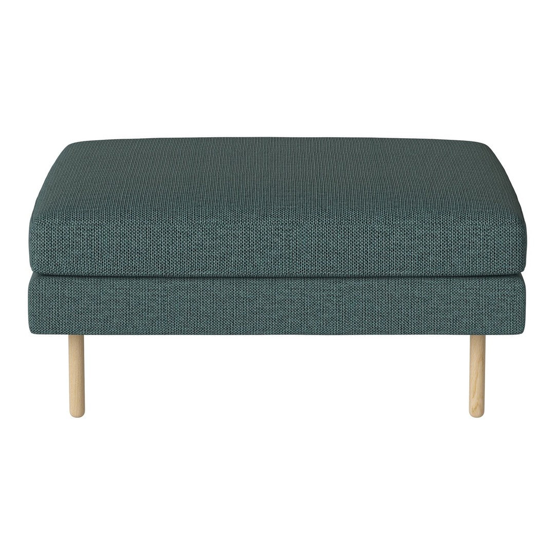 Teal upholstered ottoman with a textured pattern and natural wooden legs, perfect for modern decor.