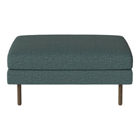 Teal upholstered ottoman with a textured pattern and wooden legs, perfect for modern decor.