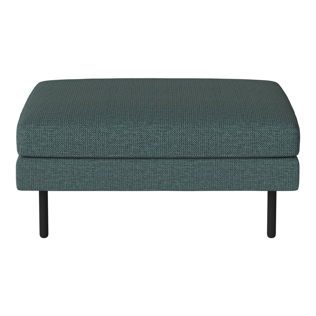 Teal upholstered ottoman with a textured surface and sleek black metal legs. Perfect for modern decor.