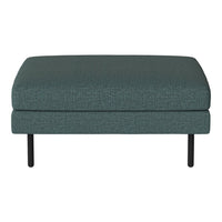 Teal upholstered ottoman with a smooth texture and subtle pattern, featuring sleek black legs.