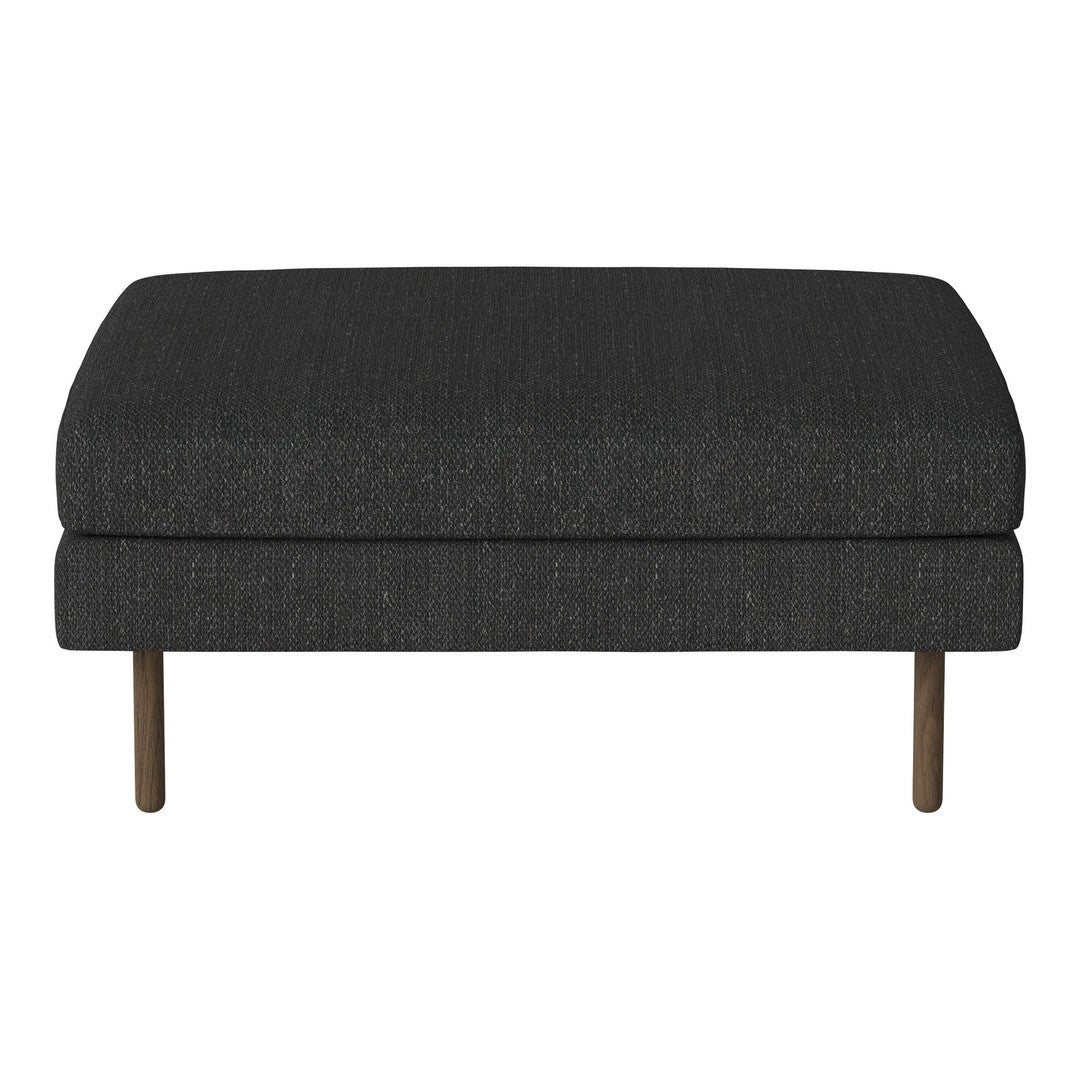 Stylish dark gray upholstered ottoman with a smooth texture and sleek metal legs. Perfect for modern decor.